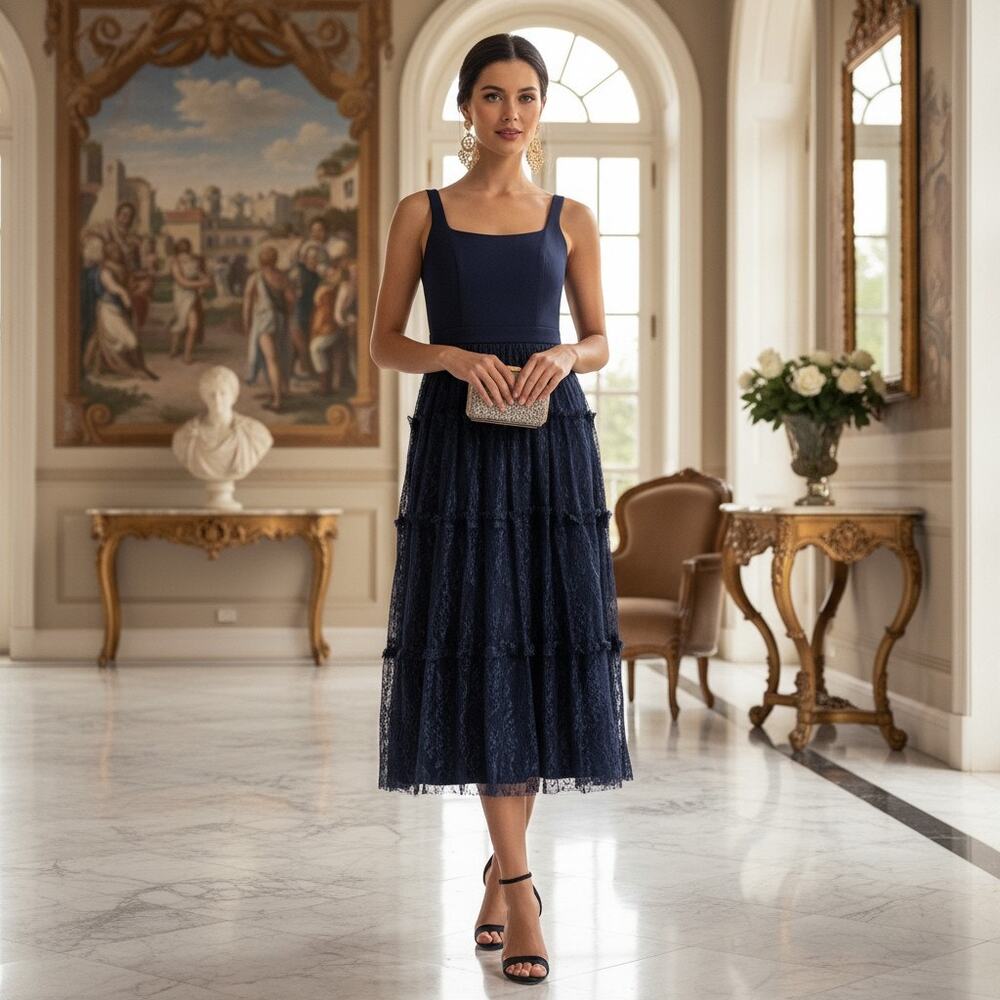 Adrianna Papell Navy Lace Tiered Dress Size 4 NWT  Square‑Neck Midi